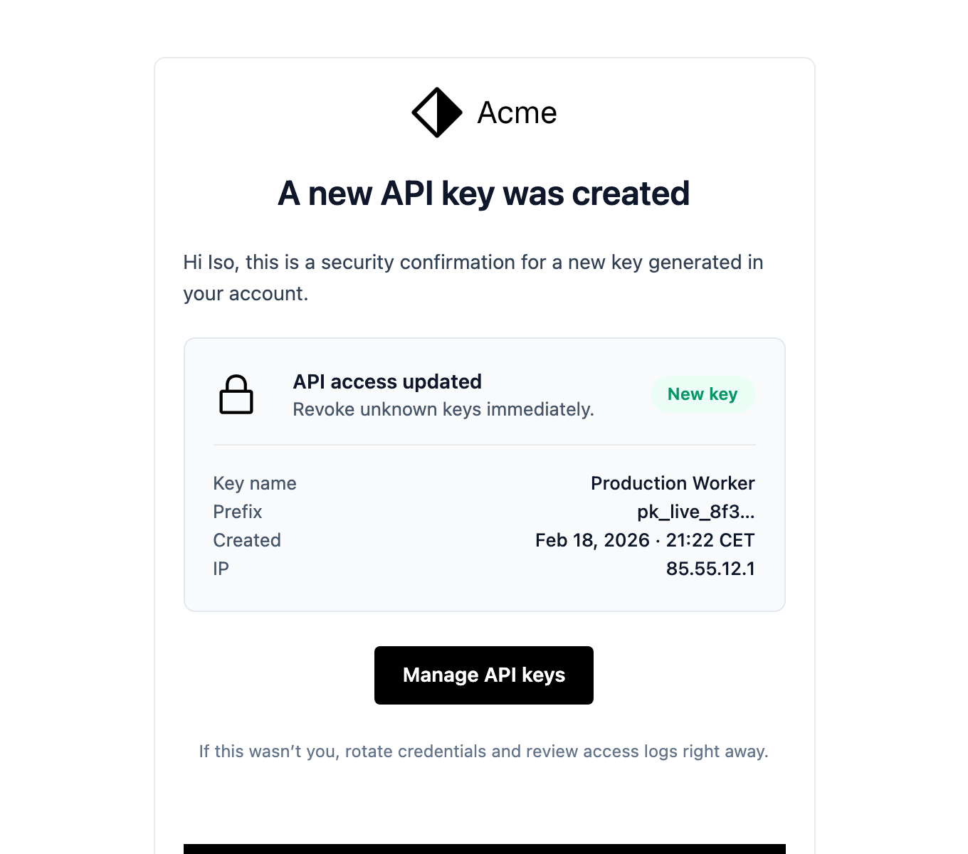 API Key Created email template preview