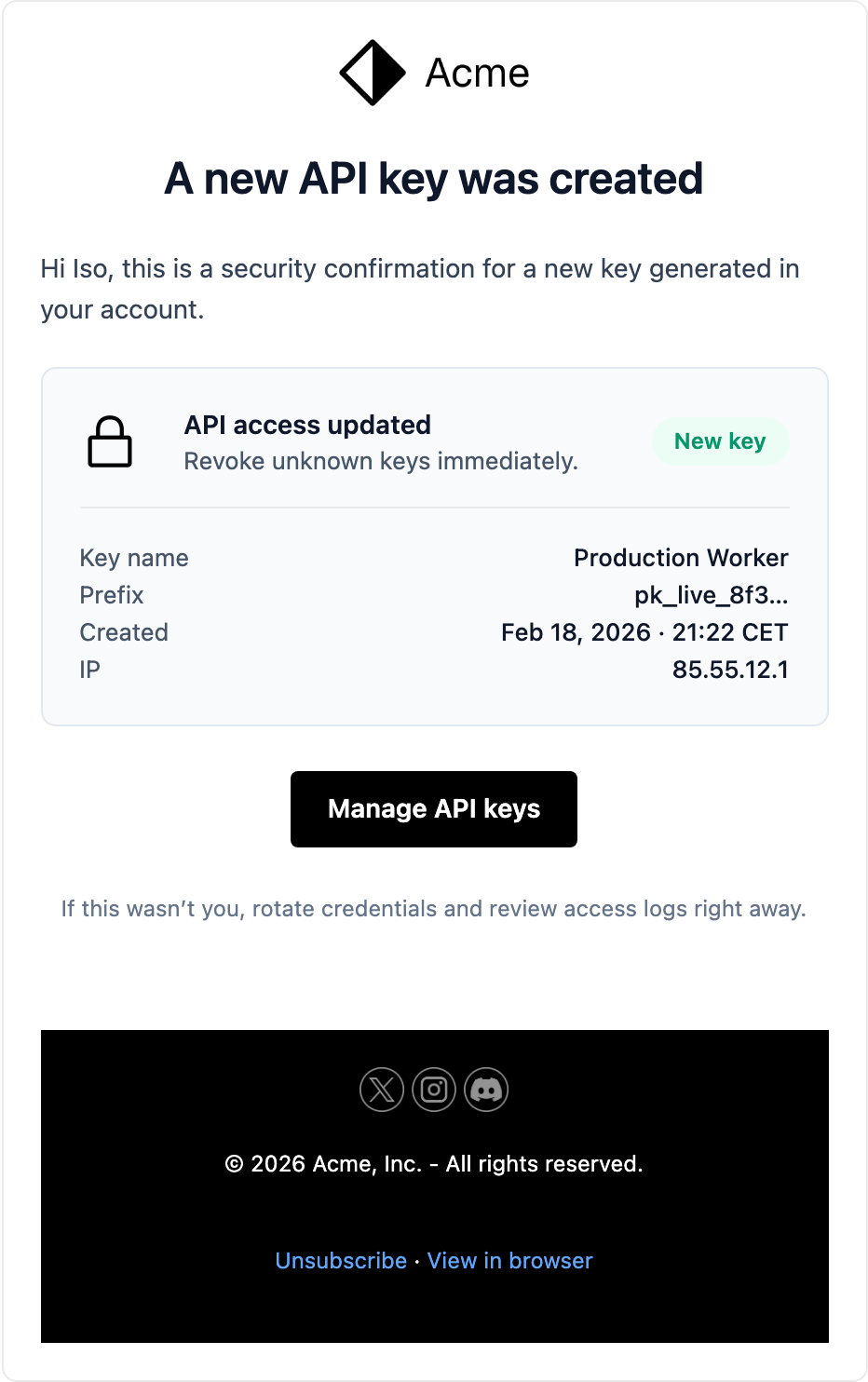 API Key Created email template preview