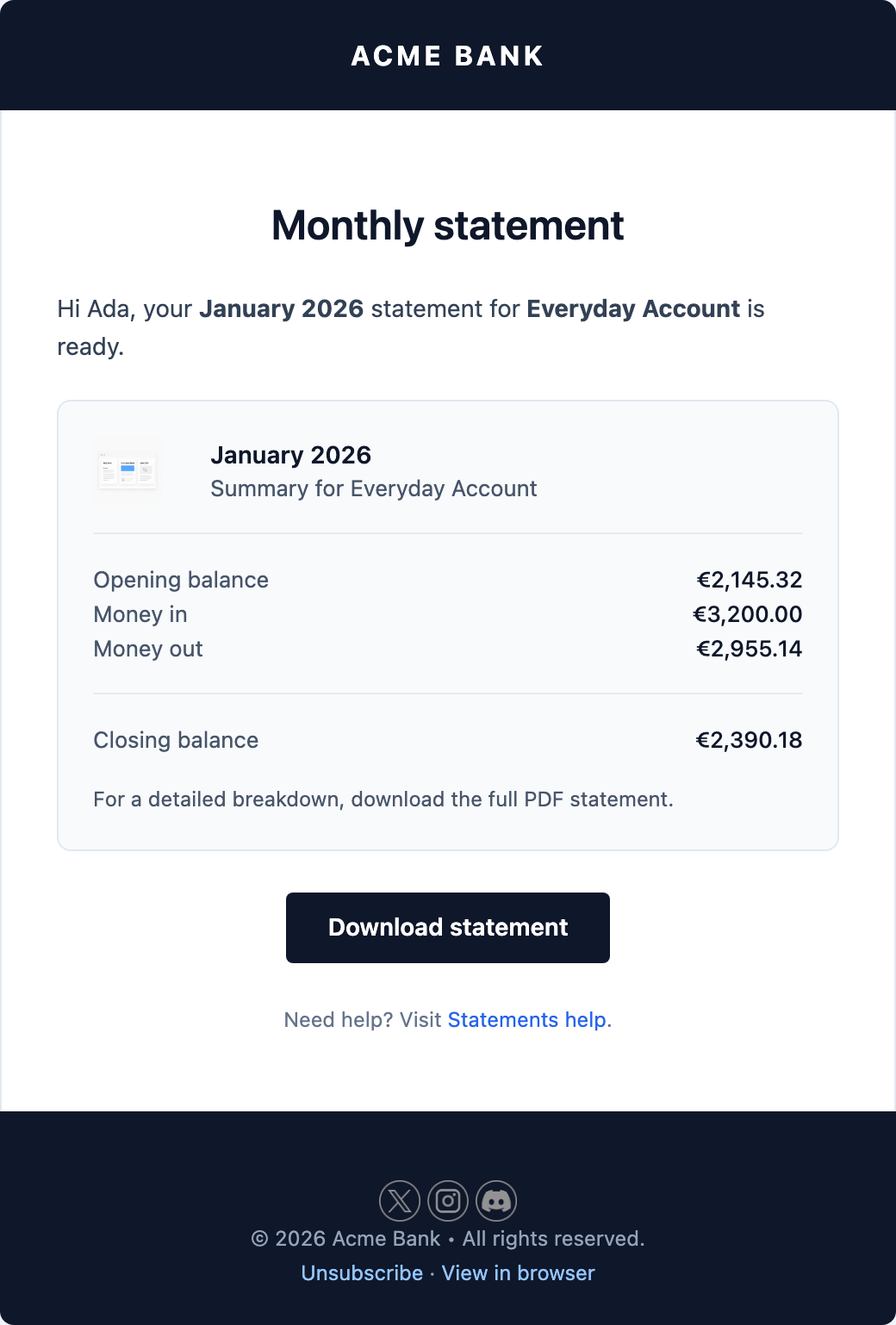 Monthly Statement email template preview