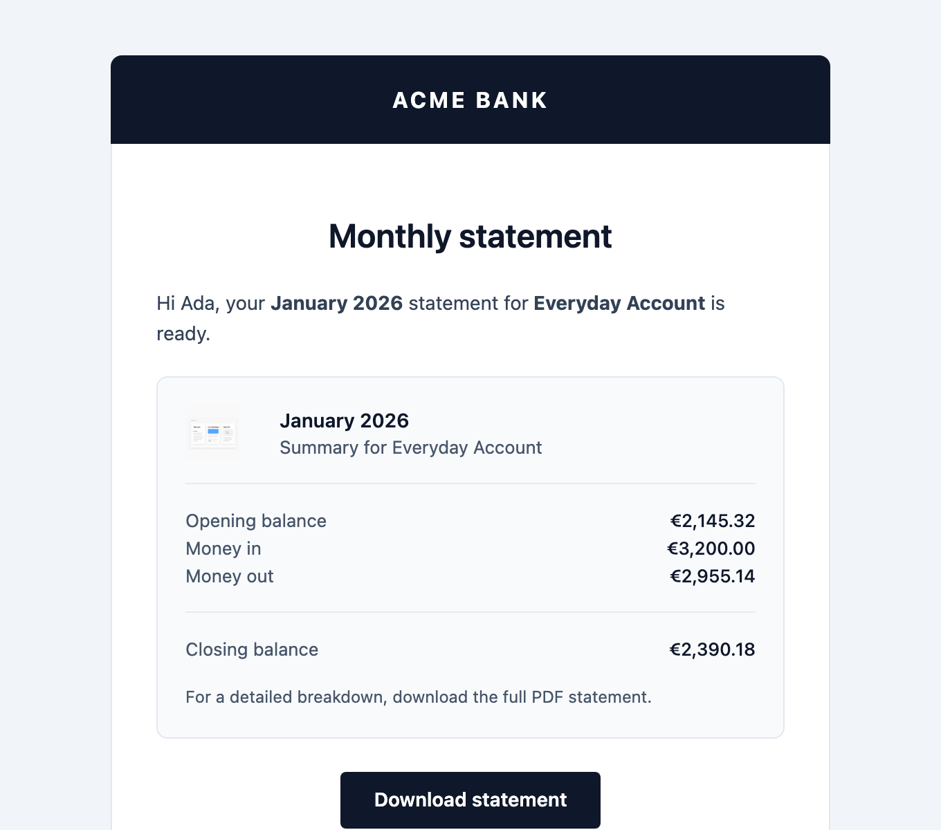 Monthly Statement email template preview