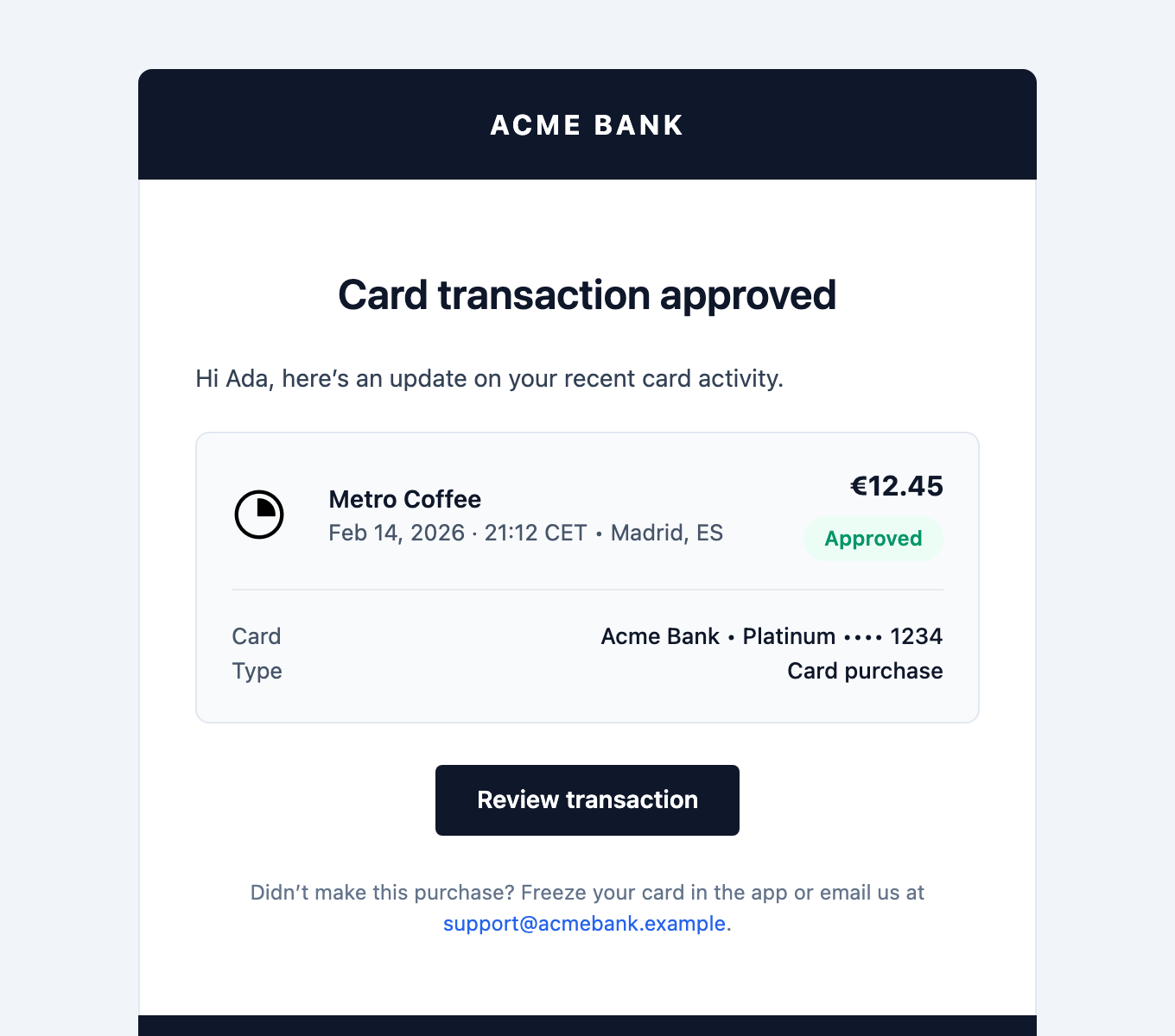 Transaction Alert email template preview