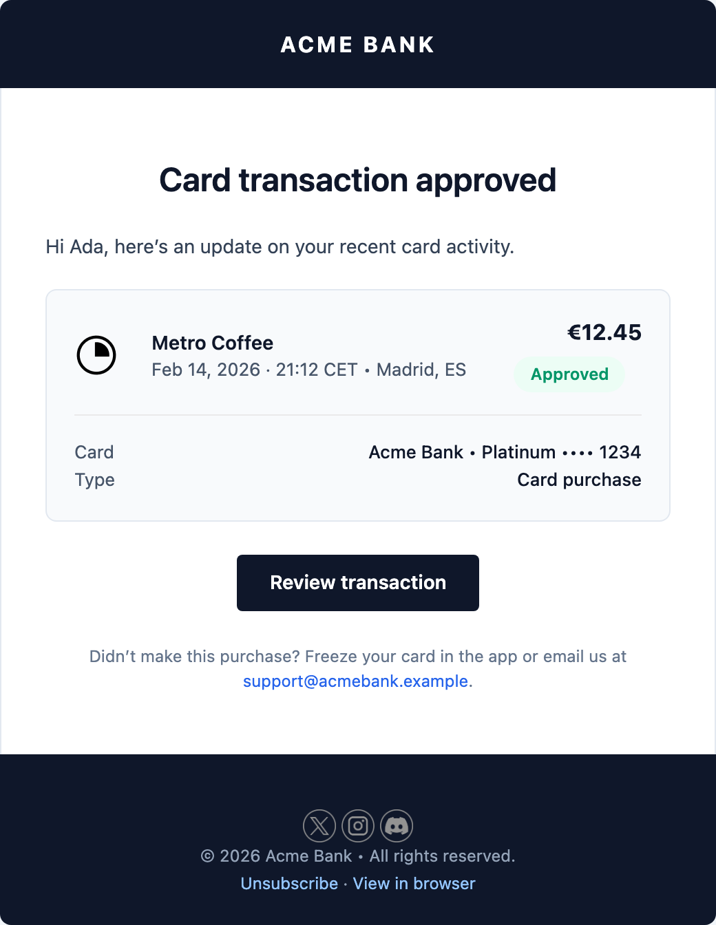 Transaction Alert email template preview