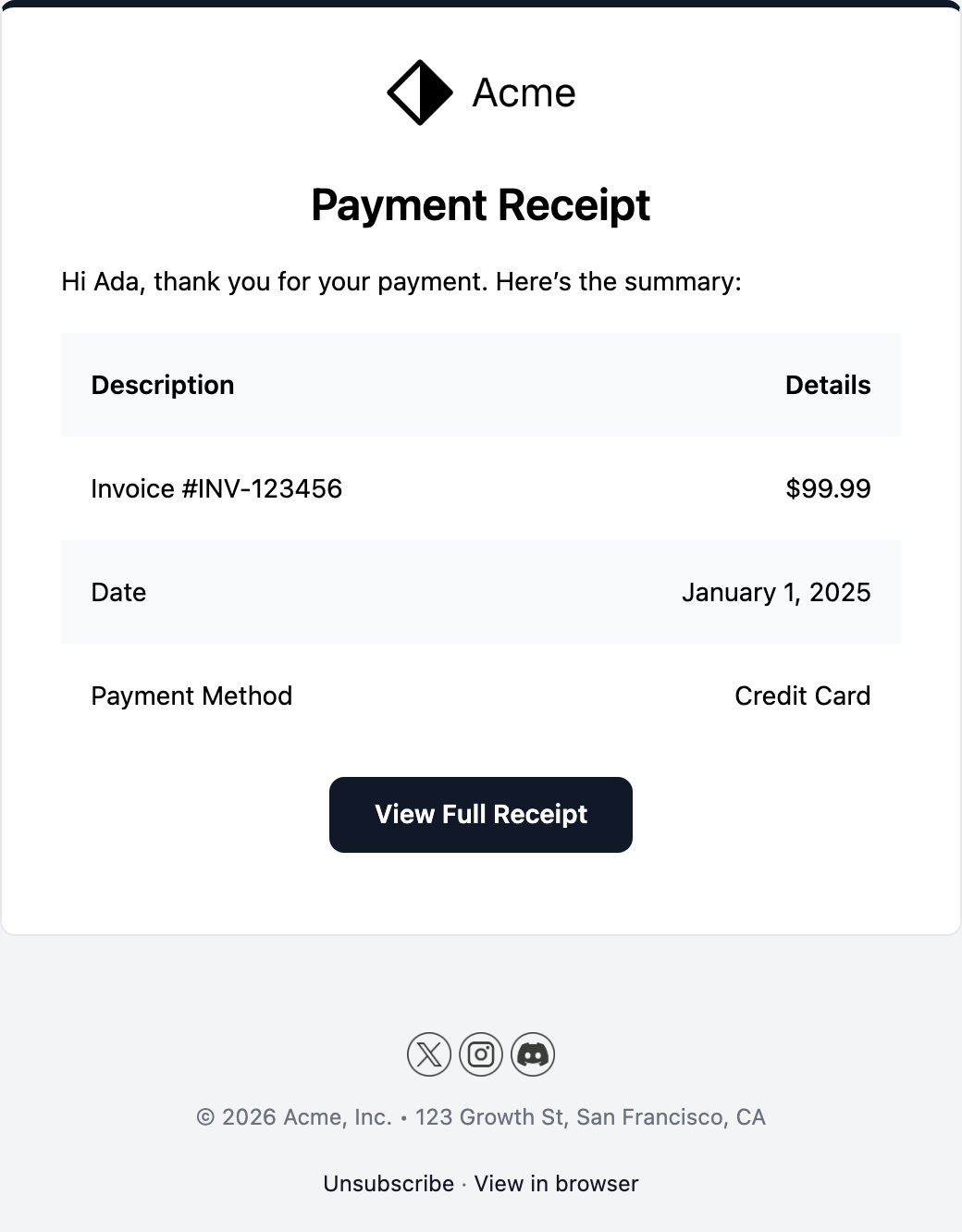 Payment Receipt email template preview