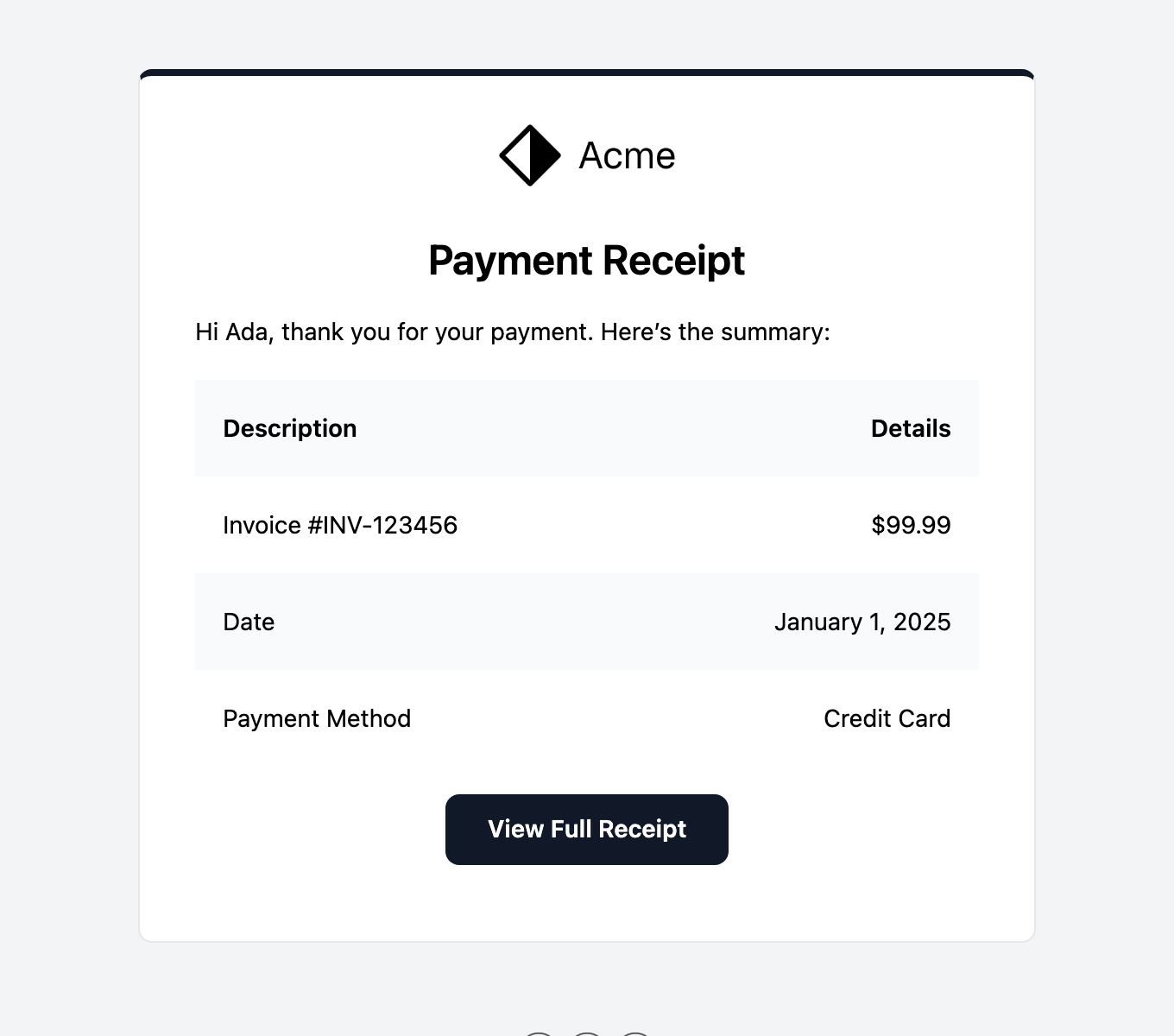 Payment Receipt email template preview