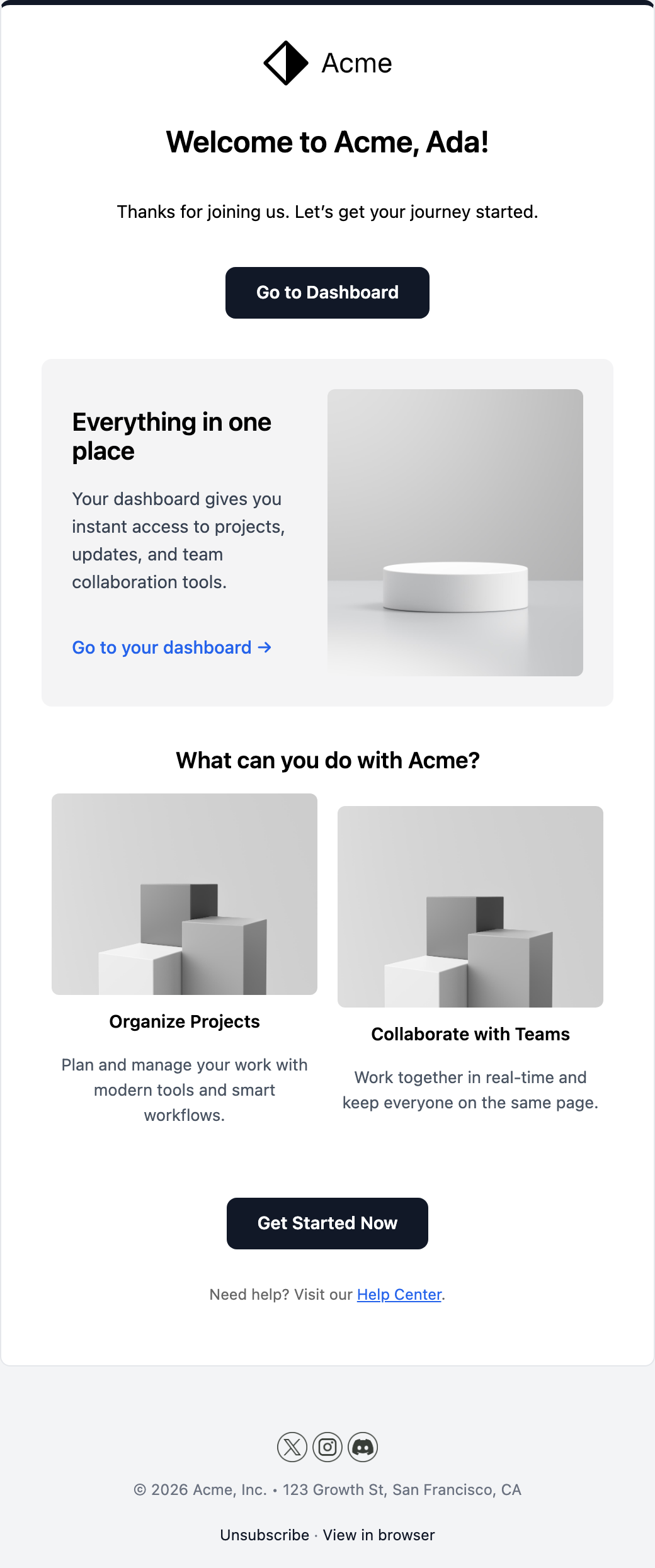 Welcome email template preview